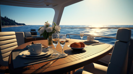 a romantic lunch on a motor yacht, a luxurious dining setup with attention to detail, capturing the ambiance and elegance of the moment in a minimalist, modern styleの素材