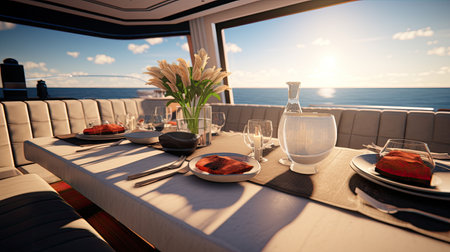 a romantic lunch on a motor yacht, a luxurious dining setup with attention to detail, capturing the ambiance and elegance of the moment in a minimalist, modern styleの素材