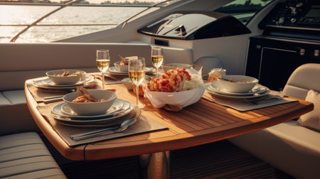 a romantic lunch on a motor yacht, a luxurious dining setup with attention to detail, capturing the ambiance and elegance of the moment in a minimalist, modern styleの素材