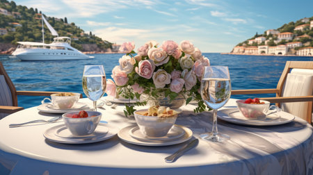 a romantic lunch on a motor yacht, a luxurious dining setup with attention to detail, capturing the ambiance and elegance of the moment in a minimalist, modern styleの素材