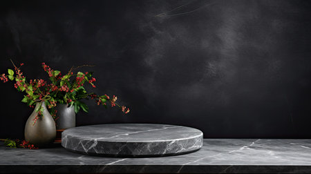 an empty gray marble tabletop set against a dark black cement stone background, creating a rustic mood and tone, the luxury background suitable for product displaysの素材