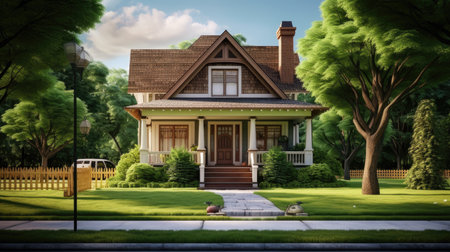 a classic cinnamon house with a green lawn sidewalk. Present the composition in a minimalist, modern style, emphasizing the charm and simplicity of the sceneの素材