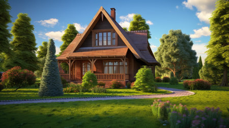 a classic cinnamon house with a green lawn sidewalk. Present the composition in a minimalist, modern style, emphasizing the charm and simplicity of the sceneの素材