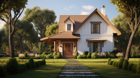 a classic cinnamon house with a green lawn sidewalk. Present the composition in a minimalist, modern style, emphasizing the charm and simplicity of the sceneの素材