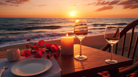 a romantic lunch on a motor yacht, a luxurious dining setup with attention to detail, capturing the ambiance and elegance of the moment in a minimalist, modern styleの素材