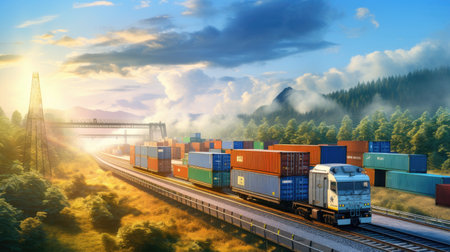 container cargo, featuring a freight train, the concept of business logistics, air cargo trucking, rail transportation, and maritime shippingの素材