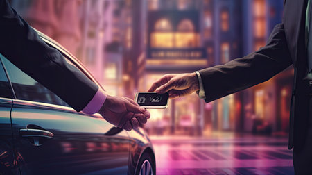 a businessman's hands and a chauffeur by a car door, the hand of a male person on a vehicle handle, emphasizing professional transport serviceの素材