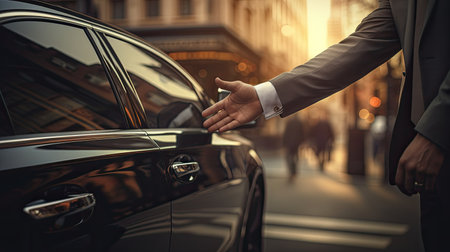 a businessman's hands and a chauffeur by a car door, the hand of a male person on a vehicle handle, emphasizing professional transport serviceの素材