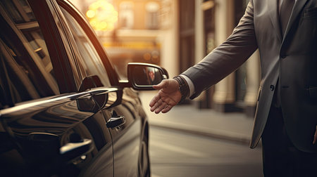a businessman's hands and a chauffeur by a car door, the hand of a male person on a vehicle handle, emphasizing professional transport serviceの素材