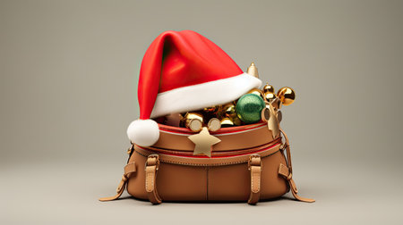 a travel pouch adorned with a Santa hat and surrounded by Christmas gifts, all set against a light background in a minimalist and modern compositionの素材
