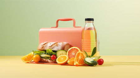 a lunch box featuring a variety of sandwiches, fresh fruits, and vibrant vegetables, accompanied by a water bottle, set against a pastel isolated backgroundの素材
