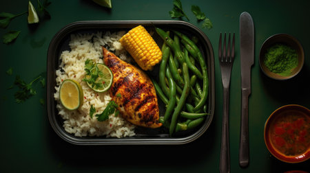 lunch box containers showcasing perfectly grilled chicken, a serving of rice, and a side of green beans with corn, that highlights the freshness and deliciousness of the mealの素材