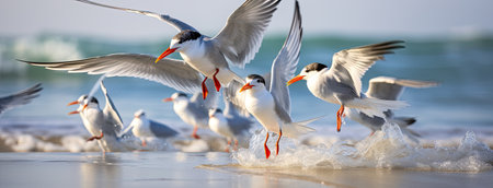 common turns on the beach, showing their natural behavior and habitat, emphasizing the simplicity and beauty of these coastal birdsの素材
