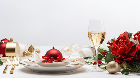 a festive Christmas table setting arranged on a white wooden table, featuring elegant dinnerware, holiday decorations, and a centerpieceの素材