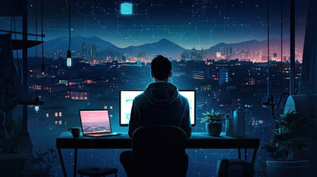 internet network security, featuring a young man in a nighttime setting, a minimalist, modern style, symbolizing the intersection of technology and securityの素材