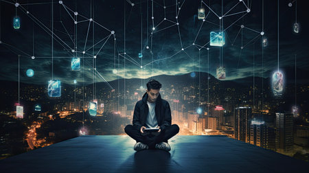internet network security, featuring a young man in a nighttime setting, a minimalist, modern style, symbolizing the intersection of technology and securityの素材