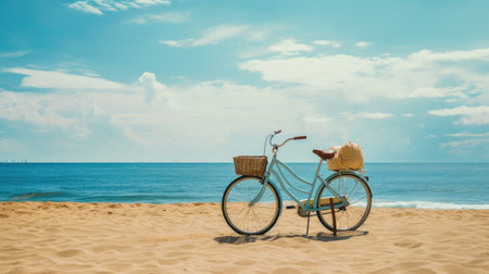 a bicycle near the beach, capturing the serene atmosphere and coastal charm, emphasizing the simplicity and tranquility of the beachside sceneの素材