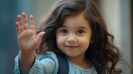 a little girl waving her hand, looking directly at the camera, the innocence and joy of a child greeting and having fun with a webcam, recording a video for a social networkの素材