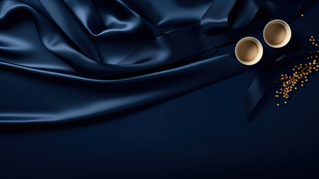 a beautiful dark blue silk satin background, capturing soft folds on shiny fabric, offers a luxury backdrop with copy space for text, for birthdays, Christmas, and Valentine's Dayの素材