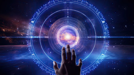 man's hand in the act of touching a security circle to access the metaverse universe, symbolizing the conceptual journey of AI digital transformation for next-gen technologyの素材