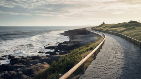 an elevated coastal path designed for walking and cycling, emphasizing a minimalist and modern styleの素材