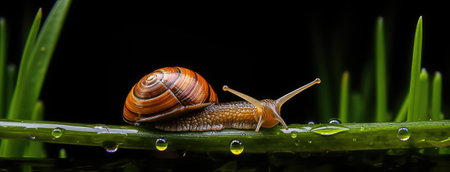 a snail making its slow journey across wet grass following a night of rain. Express the scene in a minimalist and modern style for a visually appealing compositionの素材