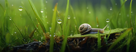 a snail making its slow journey across wet grass following a night of rain. Express the scene in a minimalist and modern style for a visually appealing compositionの素材