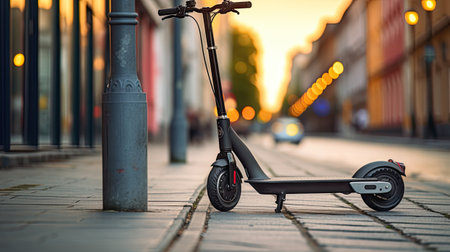 an electric scooter on the sidewalk near a road in the heart of the city, the essence of urban mobility in a minimalist and modern style.の素材