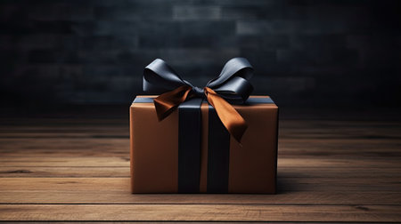 a gift wrapped in dark packaging with a ribbon and bow, positioned on a wooden background, leaving generous empty space on the left for text or invitationsの素材