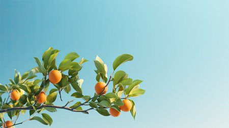 an orange tree branch with vibrant green leaves set against a clear blue sky, capturing the essence of nature's beauty in a minimalist compositionの素材