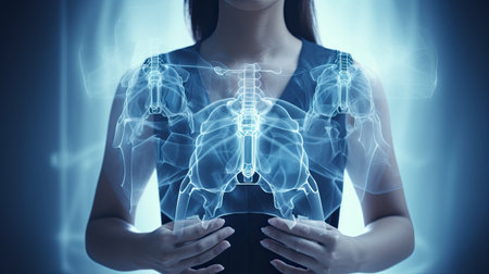 lung radiography, with a radiology doctor examining a chest X-ray film of a patient in a hospital roomの素材