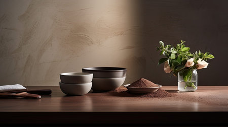 a bowl filled with cocoa powder as the focal point in a contemporary kitchen settingの素材