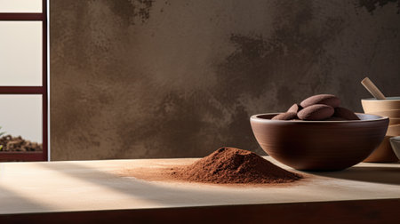 a bowl filled with cocoa powder as the focal point in a contemporary kitchen settingの素材