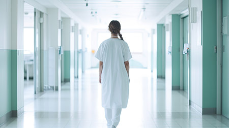 a 25-year-old hospital nurse dressed in hospital pants and a white t-shirt, captured in a minimalist, modern composition that reflects professionalism and contemporary styleの素材
