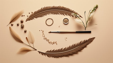 flat lay composition featuring eyebrow henna and tools on a beige background, with space for text, presenting the composition in a minimalist modern style that accentuates simplicity and eleganceの素材