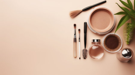 flat lay composition featuring eyebrow henna and tools on a beige background, with space for text, presenting the composition in a minimalist modern style that accentuates simplicity and eleganceの素材