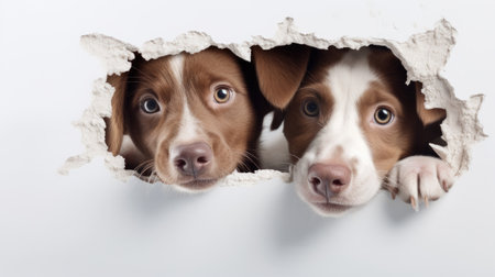 two dogs playfully peek through holes on a white background, resembling interactive artwork, detailed portraits of the white and brown dogs, presenting the composition in a minimalist modern styleの素材