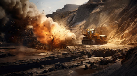 the dynamic essence of open-pit mining showcasing explosive works, to emphasize the controlled force and power involved in the mining industryの素材