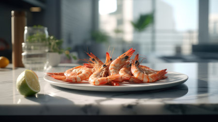 fresh shrimp presented on a plate, resting on a steel table in a modern kitchen, elegance and simplicity of seafood cuisineの素材