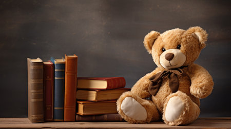 a room with a realistic photo featuring a teddy bear and open books arranged on a wooden table, in a minimalist modern style to evoke a sense of simplicity and warmth in the reading spaceの素材