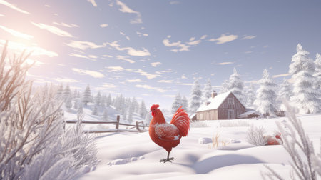 a red hen set against the backdrop of a serene winter landscape, a minimalist modern style, emphasizing the contrast between the vibrant hen and the tranquil winter surroundingsの素材