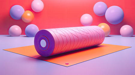 a massage foam roller on a sports mat, capturing the trending fitness accessory, emphasizing the simplicity and functionality of the foam roller in a workout settingの素材