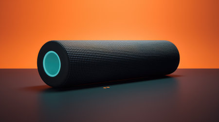 a massage foam roller on a sports mat, capturing the trending fitness accessory, emphasizing the simplicity and functionality of the foam roller in a workout settingの素材