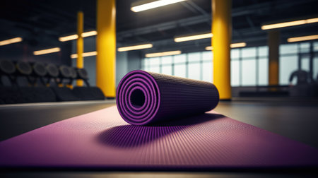 rolled-up mats in colorful on a store rack, portraying a minimalist modern style that evokes the concept of sport goods and fitness endeavorsの素材