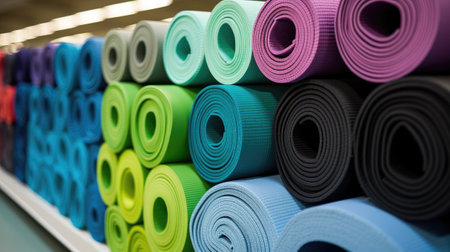 rolled-up mats in colorful on a store rack, portraying a minimalist modern style that evokes the concept of sport goods and fitness endeavorsの素材