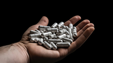 Hands holding a lot of pills, pill overdose on a white background, light silver and light gray style, nostalgic minimalism inspired by synthetismの素材