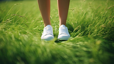 a woman's legs in unbranded white sneakers, standing in green grass outdoors, a minimalist modern composition that accentuates the blend of fashion and natural surroundingsの素材