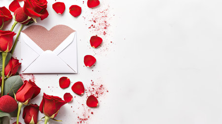 red roses, gypsophila, an envelope, and hearts on a light background, a minimalist modern composition for a Valentine's Day concept, providing ample empty space for text or invitationsの素材