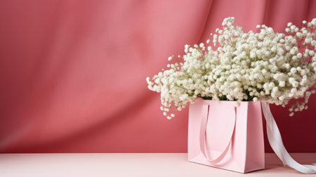 a pink paper bag accompanied by delicate white Gypsophila flowers, that conveys a shopping concept, blending sophistication with simplicityの素材