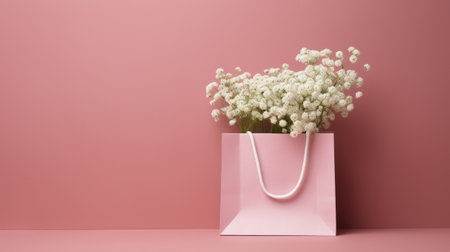 a pink paper bag accompanied by delicate white Gypsophila flowers, that conveys a shopping concept, blending sophistication with simplicityの素材